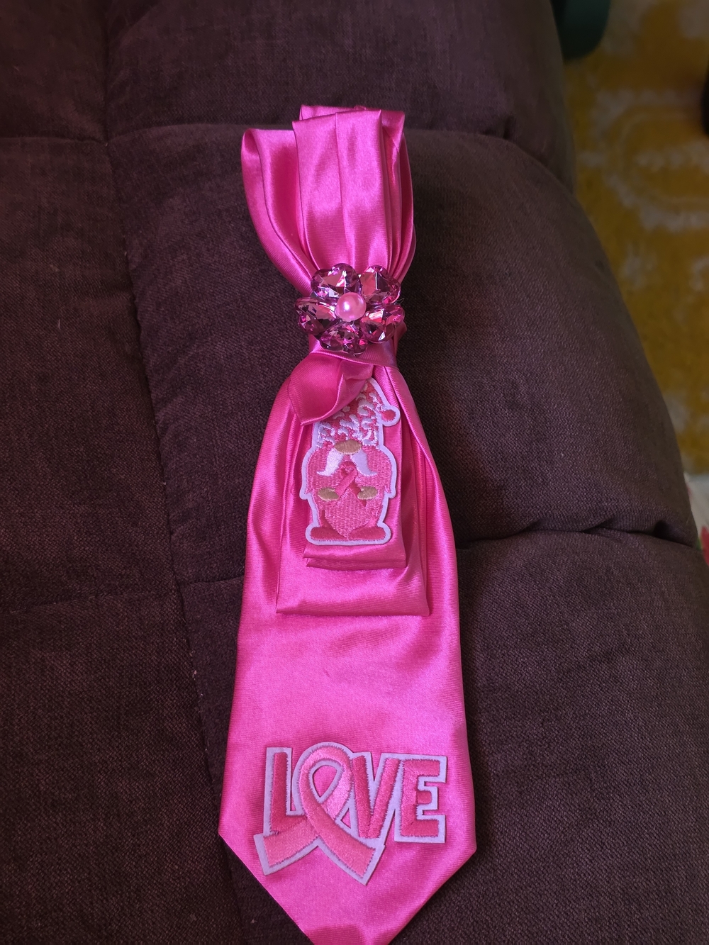 Hot Pink Satin Women's Tie with Jewel Accent Breast Cancer Awareness